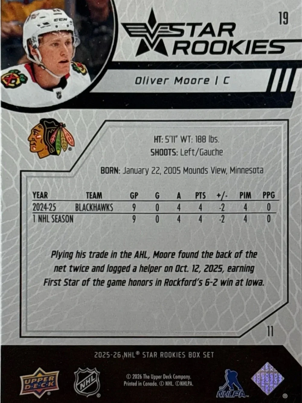 Upper Deck Oliver Moore Chicago Blackhawks Rookie Card